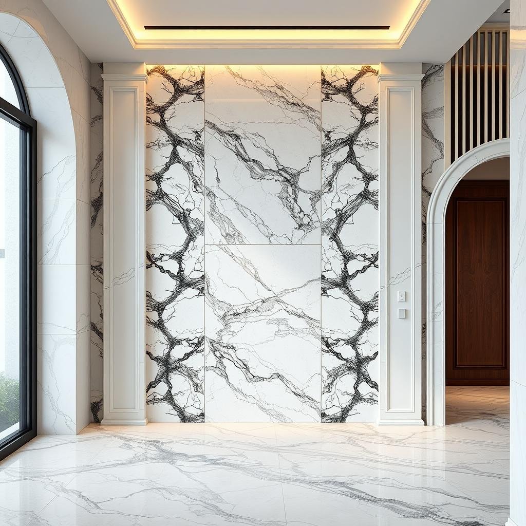 تركيب رخام للجدران في مدخل فيلا فاخرة بالكويت