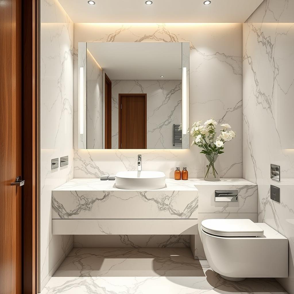 تصميم وتنفيذ مغسلة رخامية أنيقة في حمام عصري بالكويت