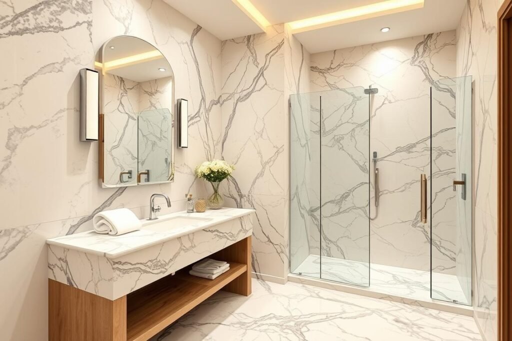 حمام فاخر مكسو بالرخام في منزل كويتي