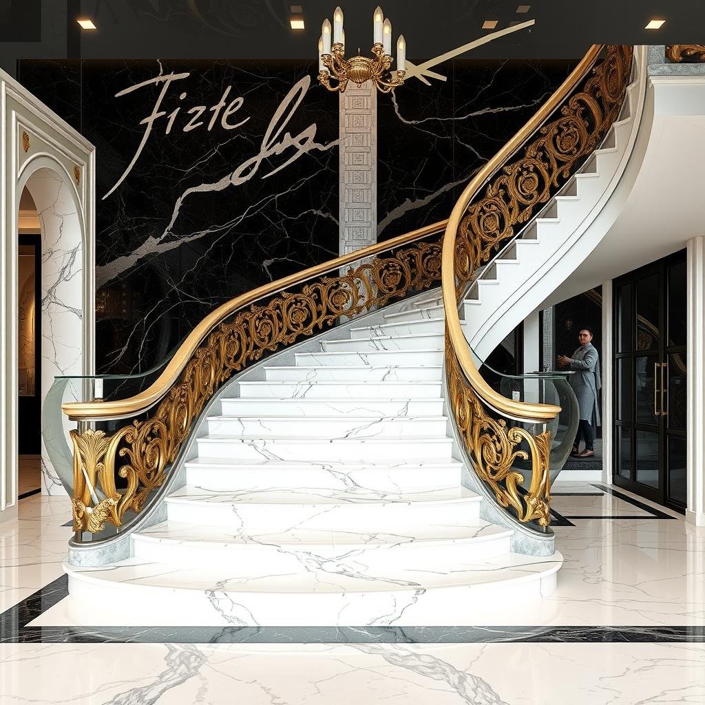 سلم رخامي فاخر تم تنفيذه بواسطة معلم رخام محترف في الكويت