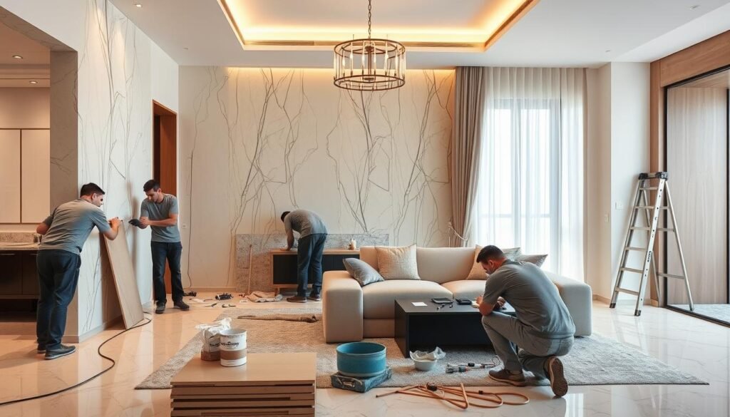 فريق مقاول ترميمات يقوم بأعمال تشطيب في الكويت