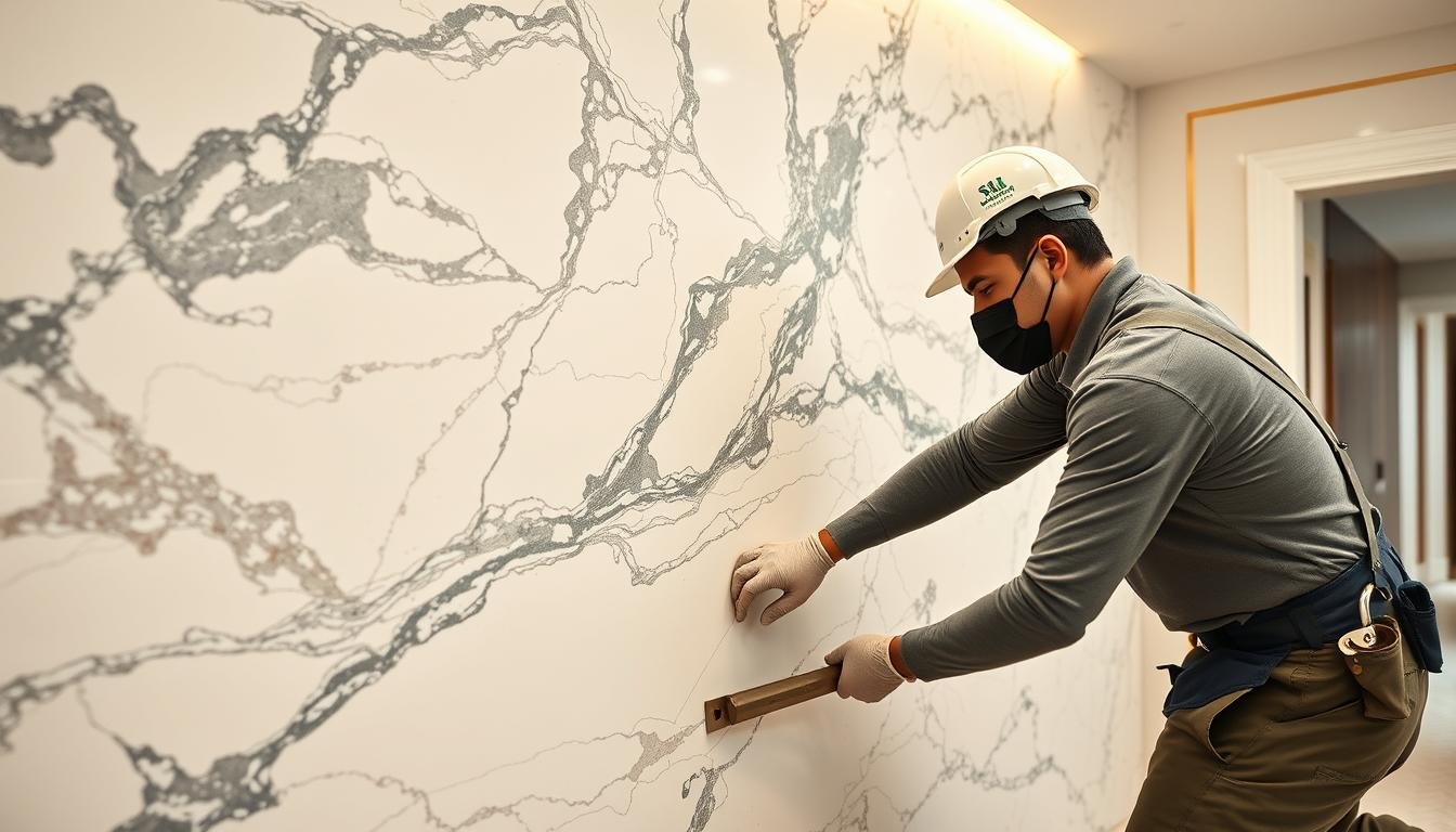 فني رخام يقوم بتركيب رخام فاخر في منزل بالكويت