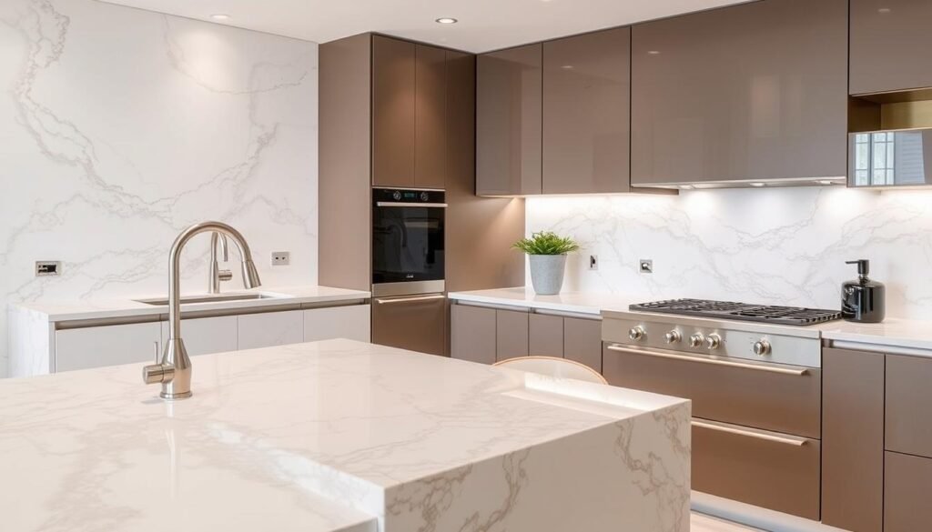 مطبخ عصري مع أسطح رخامية فاخرة تم تركيبها باحترافية