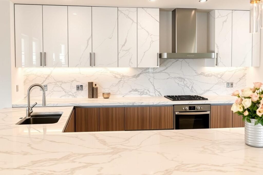 مطبخ فاخر مع أسطح رخامية في الكويت