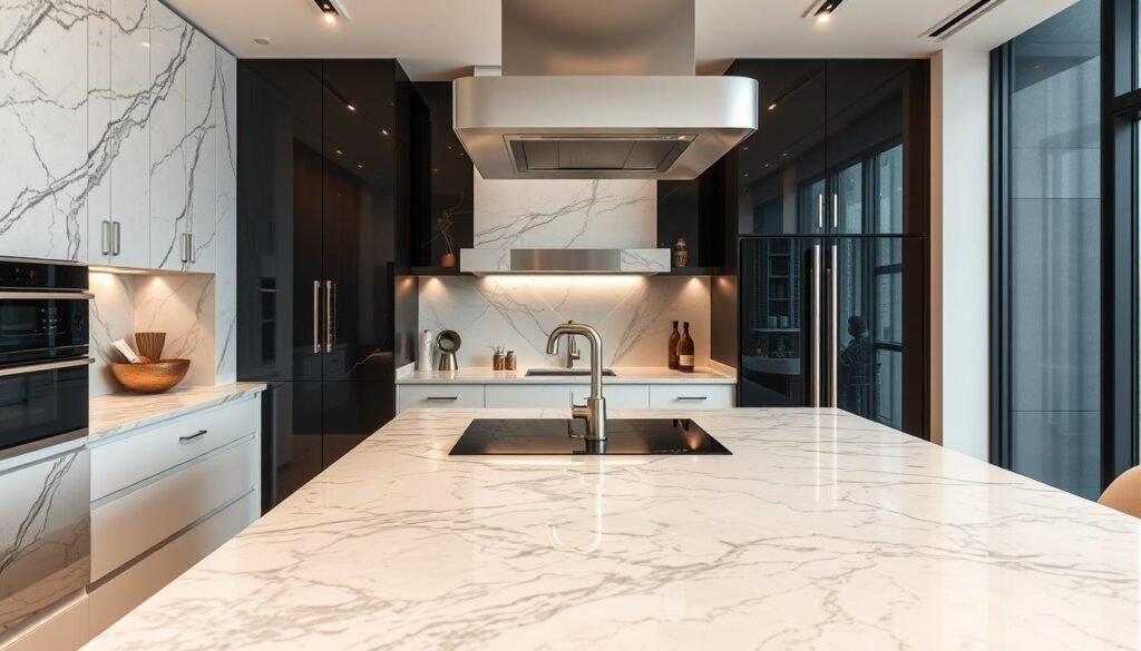 مطبخ فاخر مع سطح رخامي تم تركيبه بواسطة فني رخام محترف في الكويت