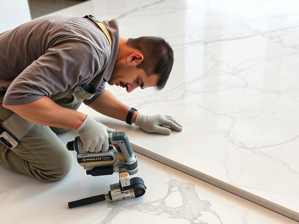 معلم رخام محترف يعمل على تركيب رخام بدقة عالية