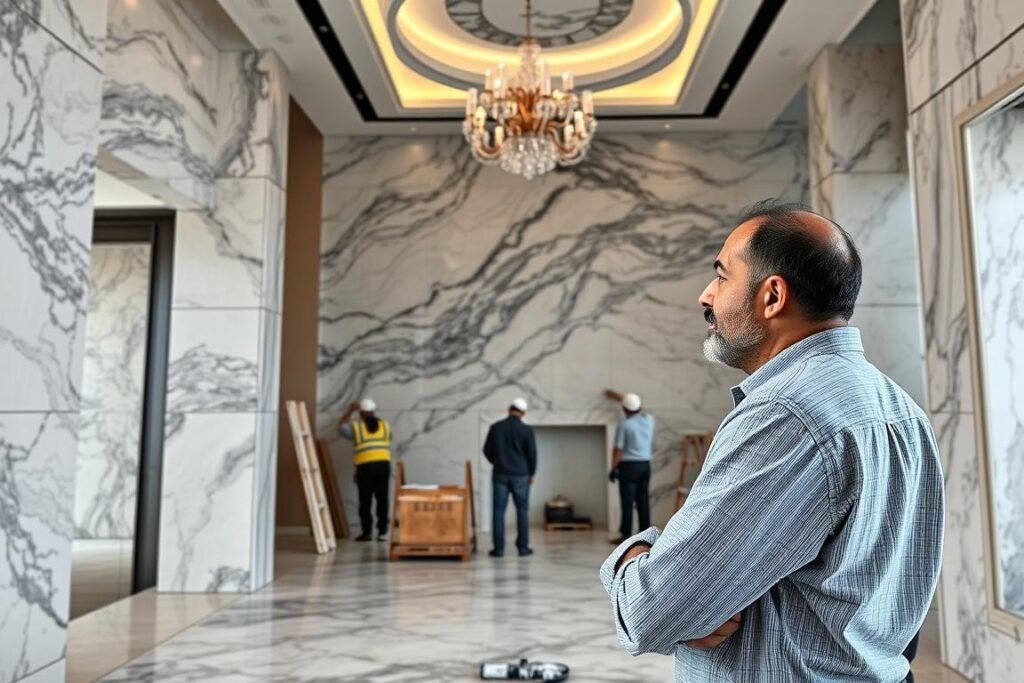 معلم رخام محترف يقوم بتنفيذ مشروع كبير في فيلا فاخرة بالكويت