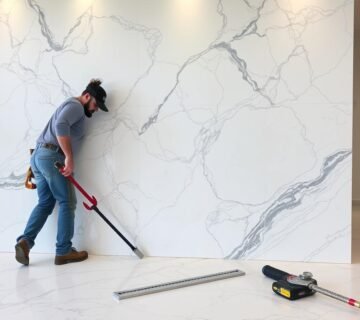 مقاول رخام محترف يعمل على تركيب رخام فاخر في منزل بالكويت