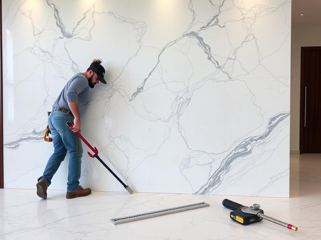 مقاول رخام محترف يعمل على تركيب رخام فاخر في منزل بالكويت