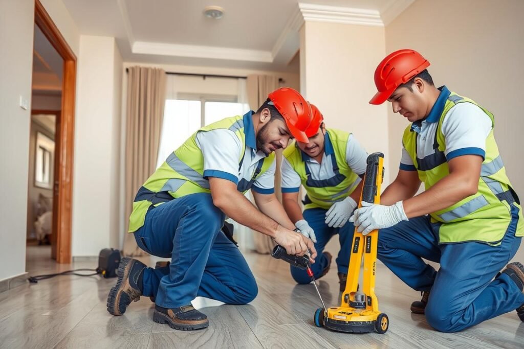 فريق عمل محترف يقوم بترميم أرضيات في منطقة السلام