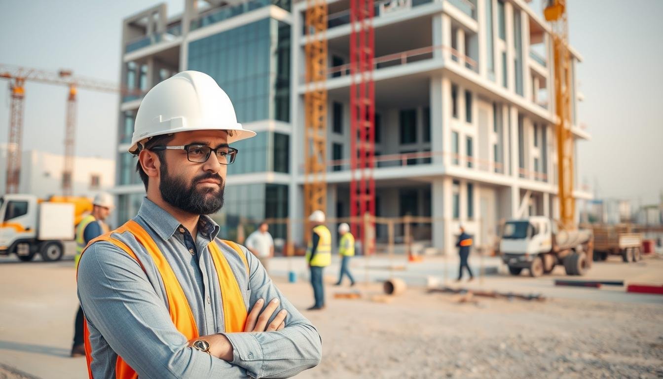مقاول بناء محترف يشرف على موقع بناء في السعودية