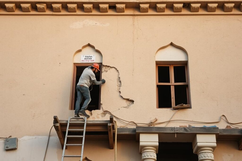 مقاول ترميم وبناء يعمل على إصلاح مبنى قديم