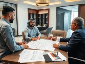 اجتماع بين العميل ومقاول بناء بالكويت لمناقشة تفاصيل المشروع