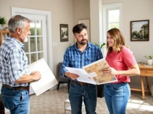 اجتماع بين عميل ومقاول تركيب سيراميك لمناقشة تفاصيل المشروع