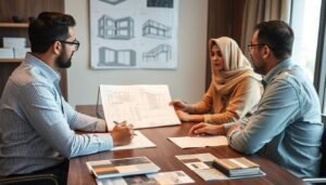 اجتماع بين عميل ومقاول لمناقشة تفاصيل المشروع