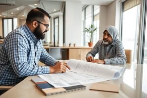 اجتماع بين مقاول بناء وتشطيب وعميل لمناقشة تفاصيل المشروع