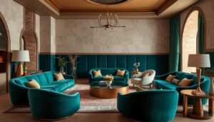 صالون عصري يعكس اتجاهات تجديد صالونات 2024 بمزيج من الأقمشة الفاخرة والألوان الدافئة