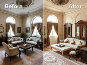 صالون كلاسيكي قبل وبعد التجديد على يد معلم تجديد صالونات