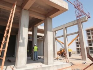 عمال بناء يقومون بتنفيذ أعمال الهيكل الأسود لمبنى سكني