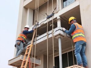 عمال يقومون بأعمال ترميم إنشائية في مبنى بالكويت