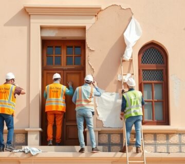 فريق ترميمات بالكويت يعمل على تجديد واجهة مبنى