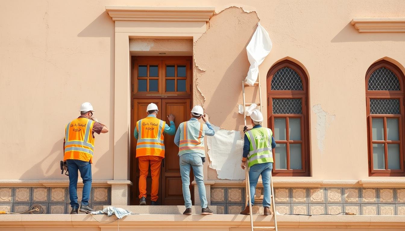 فريق ترميمات بالكويت يعمل على تجديد واجهة مبنى