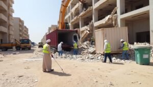 فريق عمل معلم تكسير وهدم يقوم بإزالة الأنقاض بعد الانتهاء من عملية التكسير