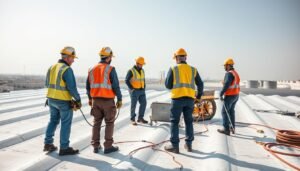 فريق عمل معلم عازل جيتاروف أثناء تنفيذ أحد مشاريع العزل