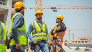 فريق عمل مقاول بناء بالكويت يطبق إجراءات السلامة في موقع البناء