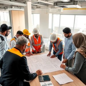 فريق عمل مقاول بناء يناقش خطة مشروع في الكويت