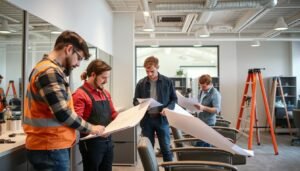 فريق محترف يعمل على تنفيذ التفاصيل الدقيقة في تجديد الصالون