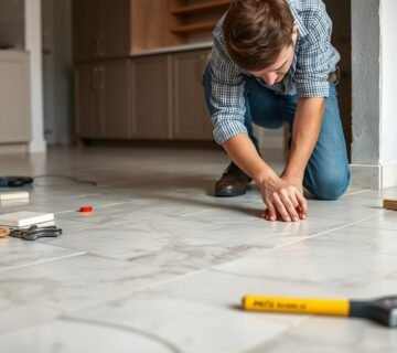 فنى سيراميك يقوم بتركيب بلاط في منزل حديث