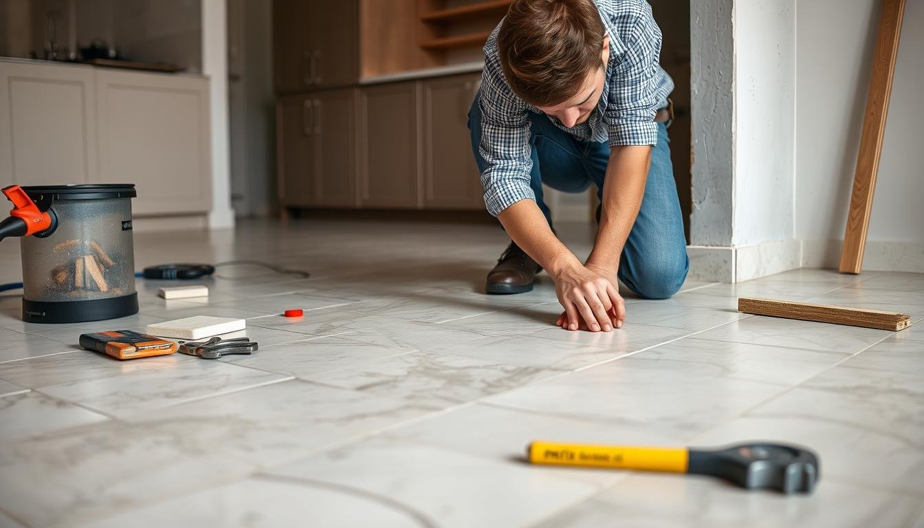 فنى سيراميك يقوم بتركيب بلاط في منزل حديث