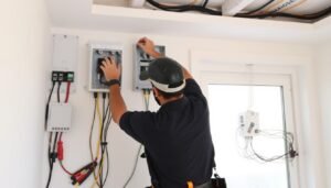 فني يقوم بإصلاح تمديدات كهربائية في منزل بالعدان فني يقوم بإصلاح تمديدات كهربائية في منزل بالعدان