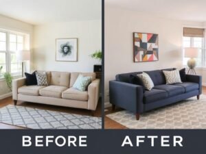 كنبة مودرن قبل وبعد التجديد بأقمشة عصرية