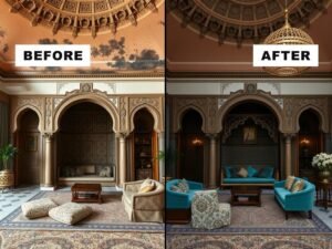 مجلس عربي تقليدي بعد تجديده بأقمشة فاخرة