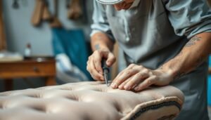 معلم تجديد صالونات محترف يعمل بدقة على تفاصيل الأثاث