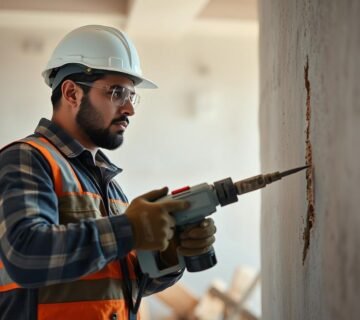 معلم تكسير وهدم يقوم بعملية تكسير جدار باستخدام معدات احترافية