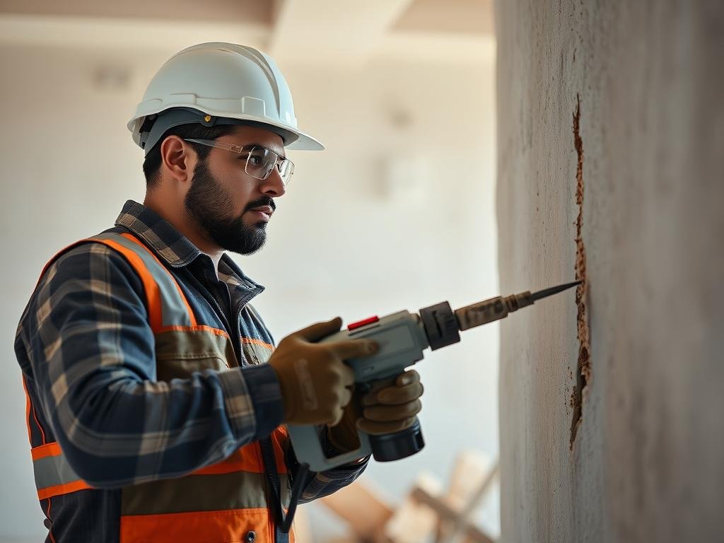 معلم تكسير وهدم يقوم بعملية تكسير جدار باستخدام معدات احترافية