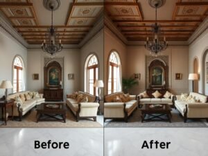 مقارنة بين صالون قبل وبعد التجديد على يد معلم تجديد صالونات