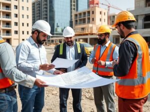 مقاول بناء بالكويت يراجع المخططات الهندسية مع فريق العمل