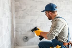 مقاول تركيب سيراميك يقوم بتركيب سيراميك جدران في حمام عصري