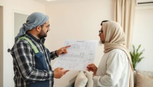 مقاول ترميمات العدان يشرح مراحل العمل للعميل باستخدام مخططات توضيحية مقاول ترميمات العدان يشرح مراحل العمل للعميل باستخدام مخططات توضيحية