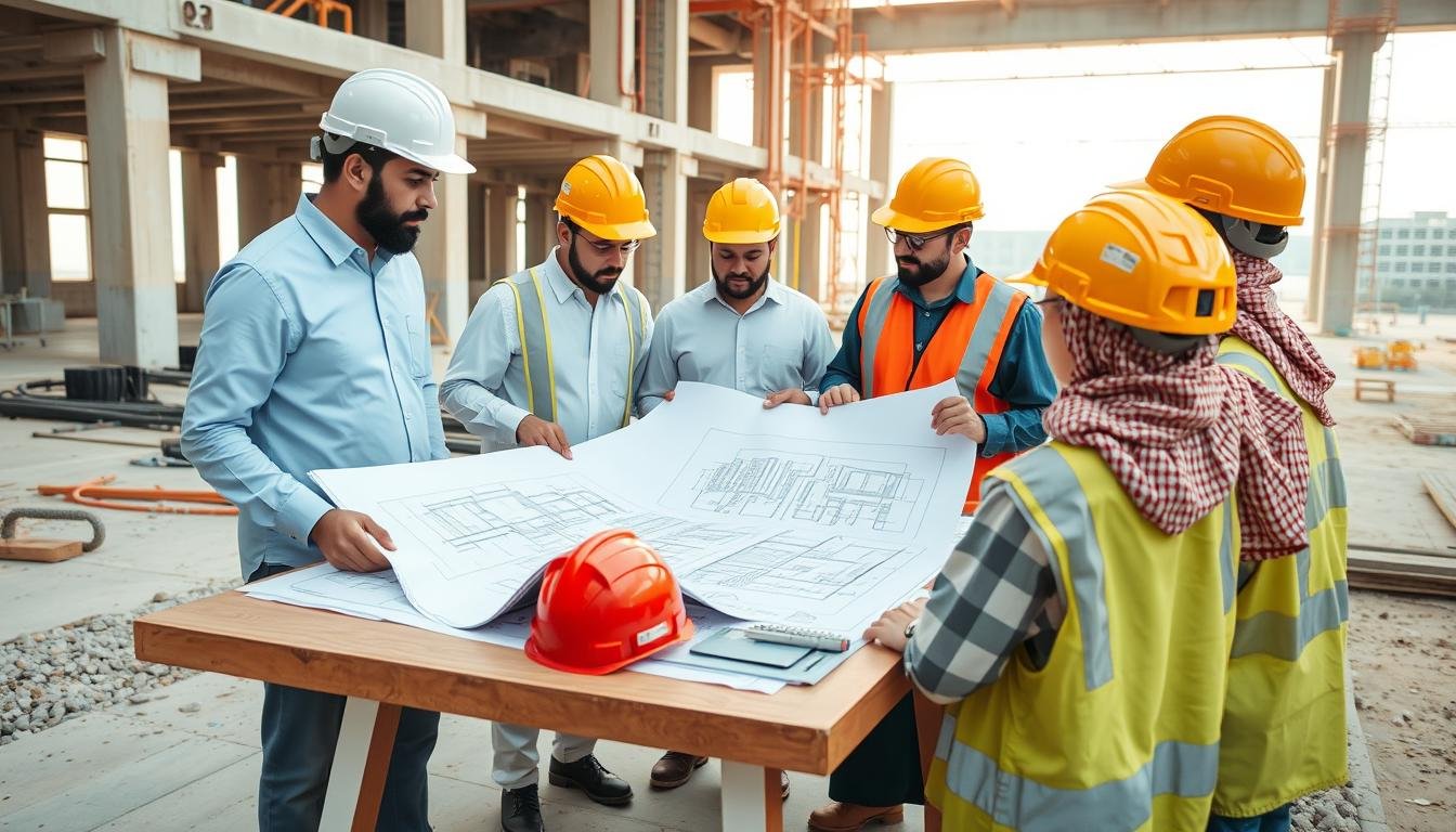 مقاولات عامة   فريق عمل يخطط لمشروع إنشائي