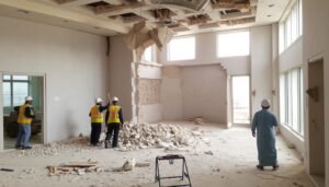 هدم غرف وأقسام في مبنى بواسطة معلم تكسير وهدم