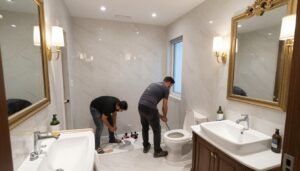 ترميم حمام عصري في الكويت مع تركيب سيراميك وأدوات صحية جديدة